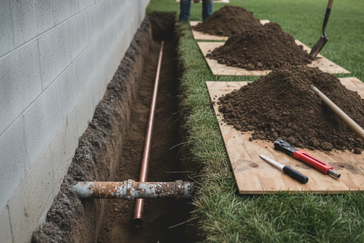 Excavated water line trench during Water Heater Repair in The Villages
